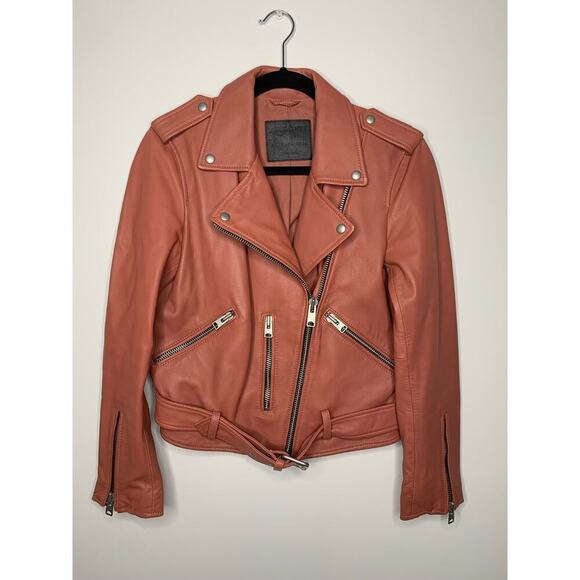 ALLSAINTS Balfern Leather Biker Jacket in Rose Wood Pink - Picture 7 of 13